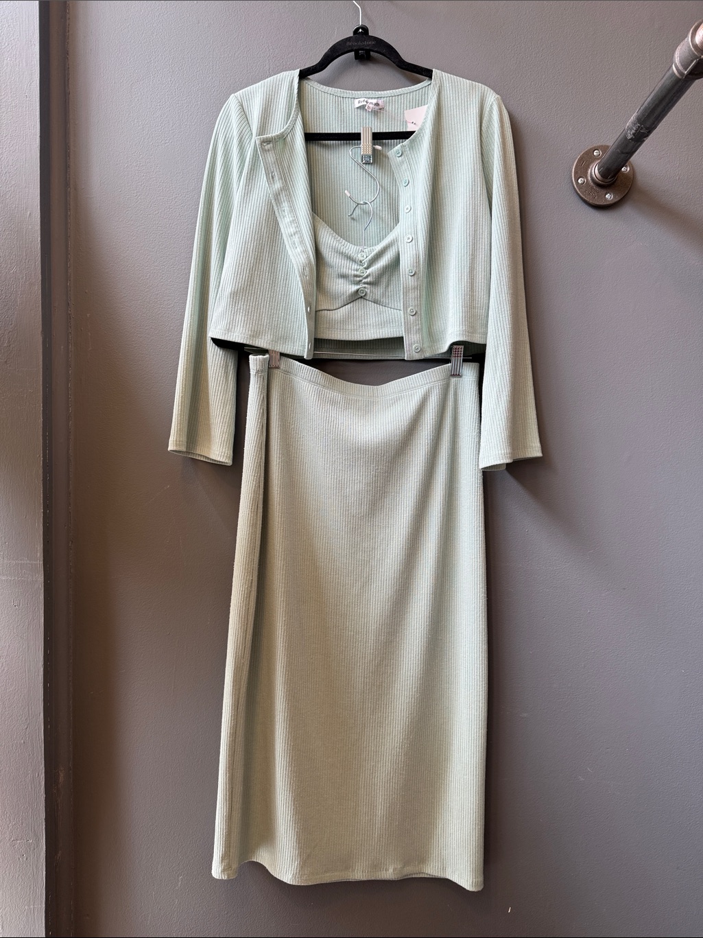 Reformation Mint Ribbed Skirt Set With Cropped Cardigan